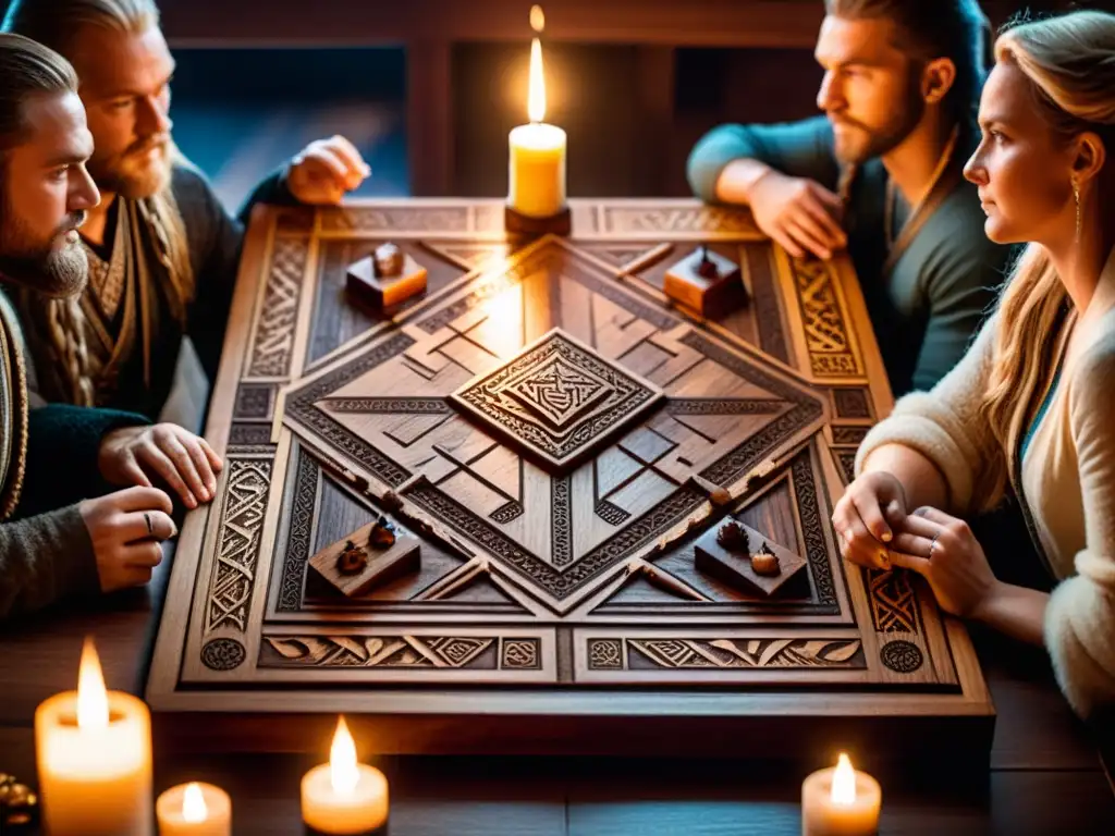 Juegos de mesa mitología nórdica: Jugadores concentrados en juego de estrategia, con piezas talladas y ambiente tenue iluminado por velas