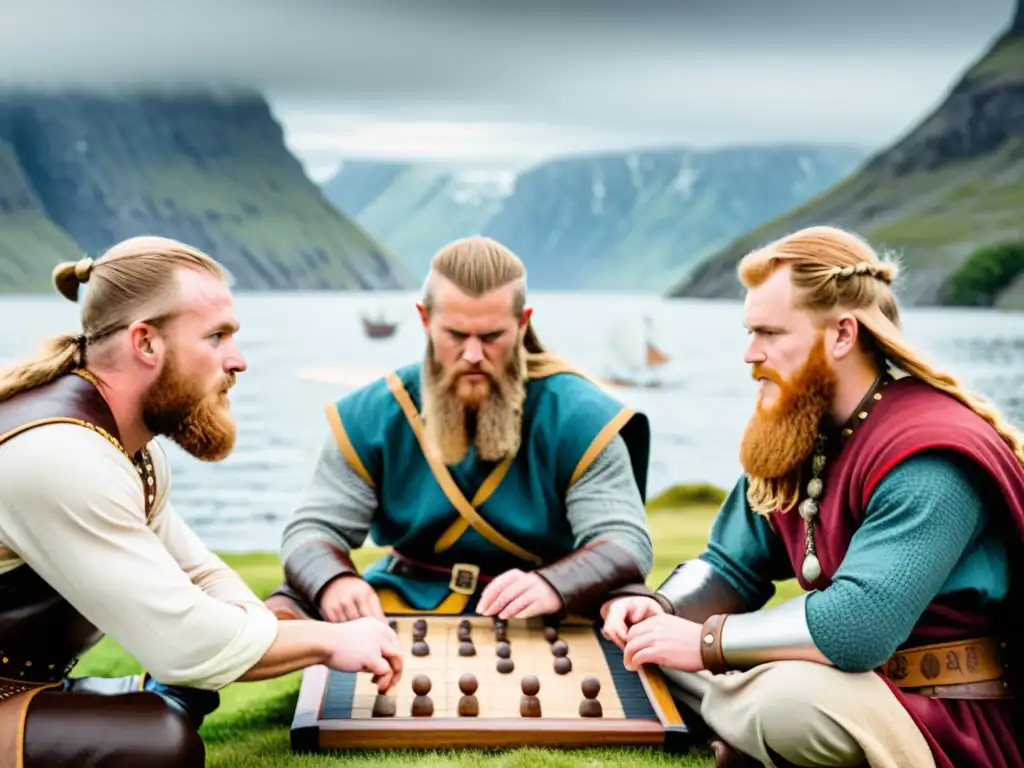 Recreación de juegos tradicionales vikingos y cultura: Vikingos juegan Hnefatafl con vista a un fiordo neblinoso