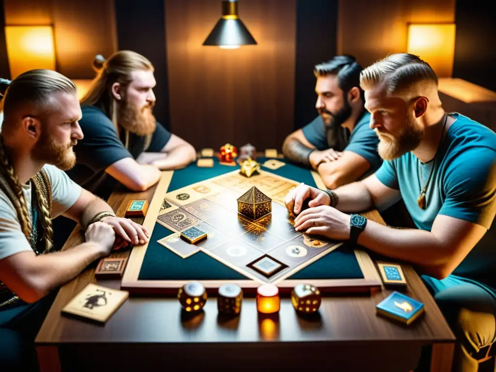 Jugadores inmersos en intensas partidas de juegos de mesa vikingos en una mesa llena de detalles, creando una atmósfera cautivadora