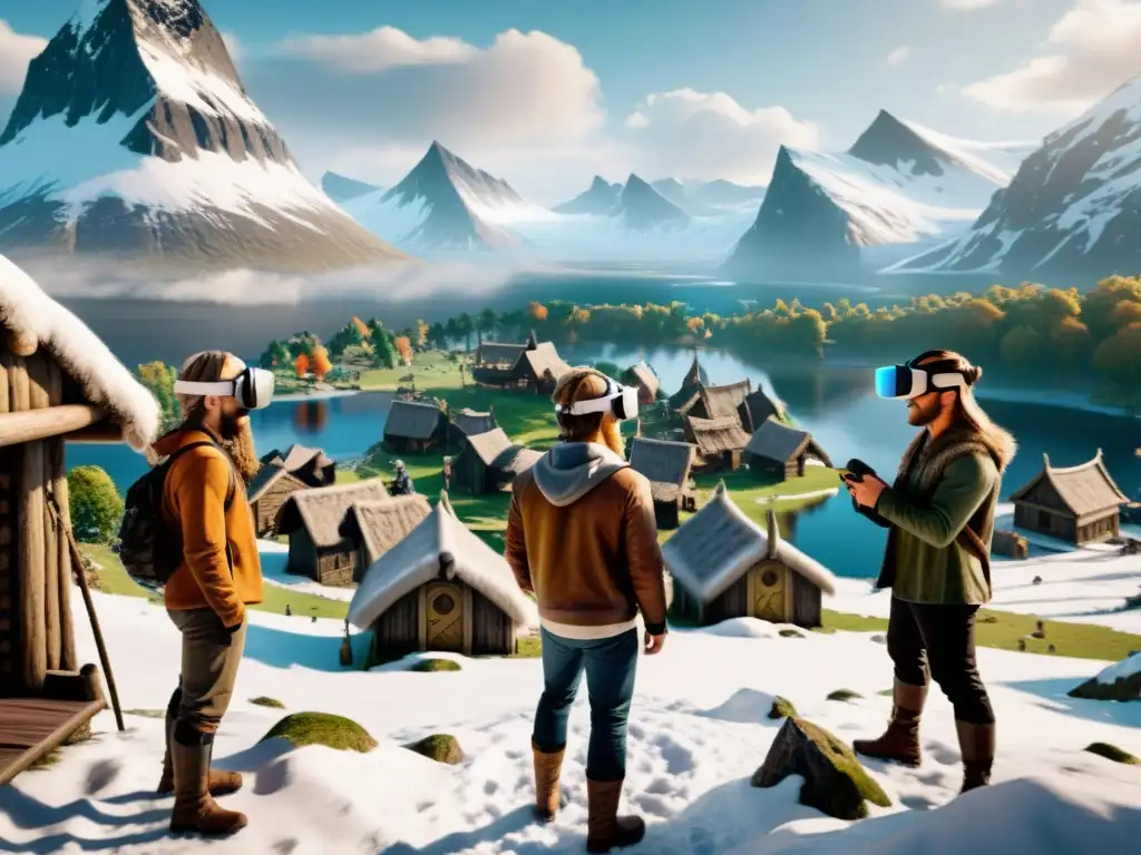 Jugadores vikingos en realidad virtual explorando un pueblo nórdico rodeado de montañas nevadas