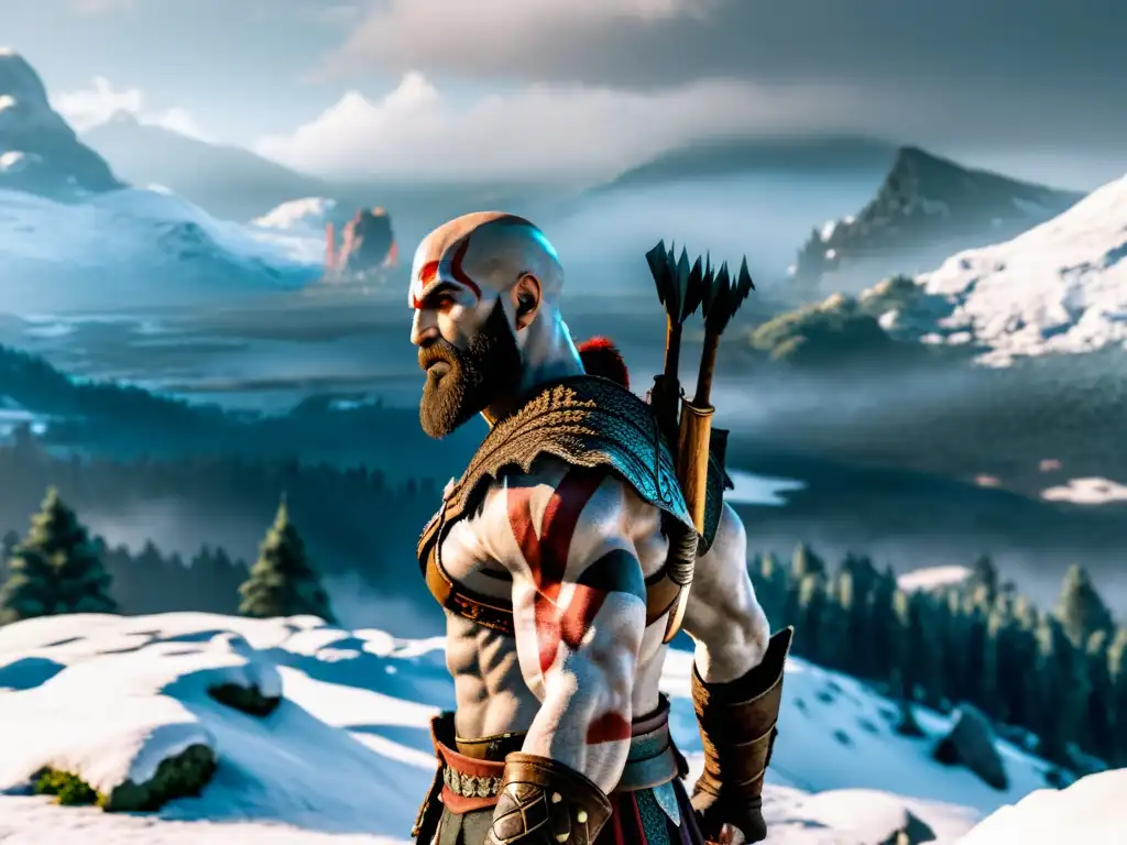 Kratos, protagonista de God of War, en la cima de una montaña nevada, representación mitos nórdicos videojuego God of War