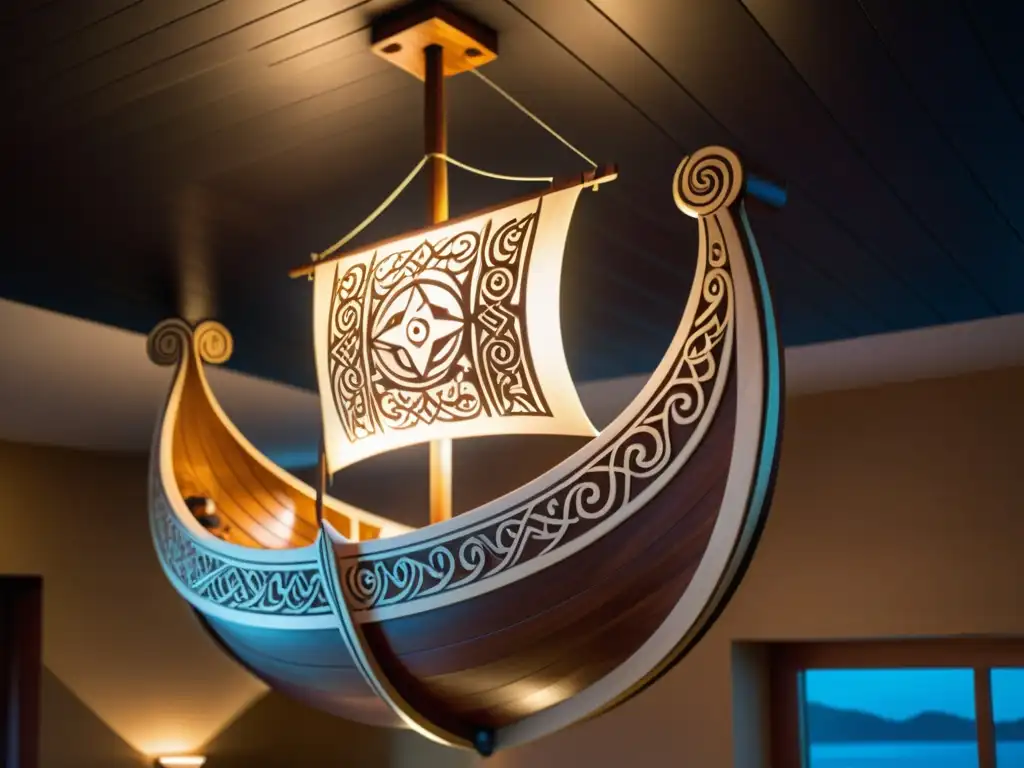 Lámpara vikinga para decoración hogar: Majestuoso navío vikingo tallado en madera, iluminado como antorchas en un viaje vikingo