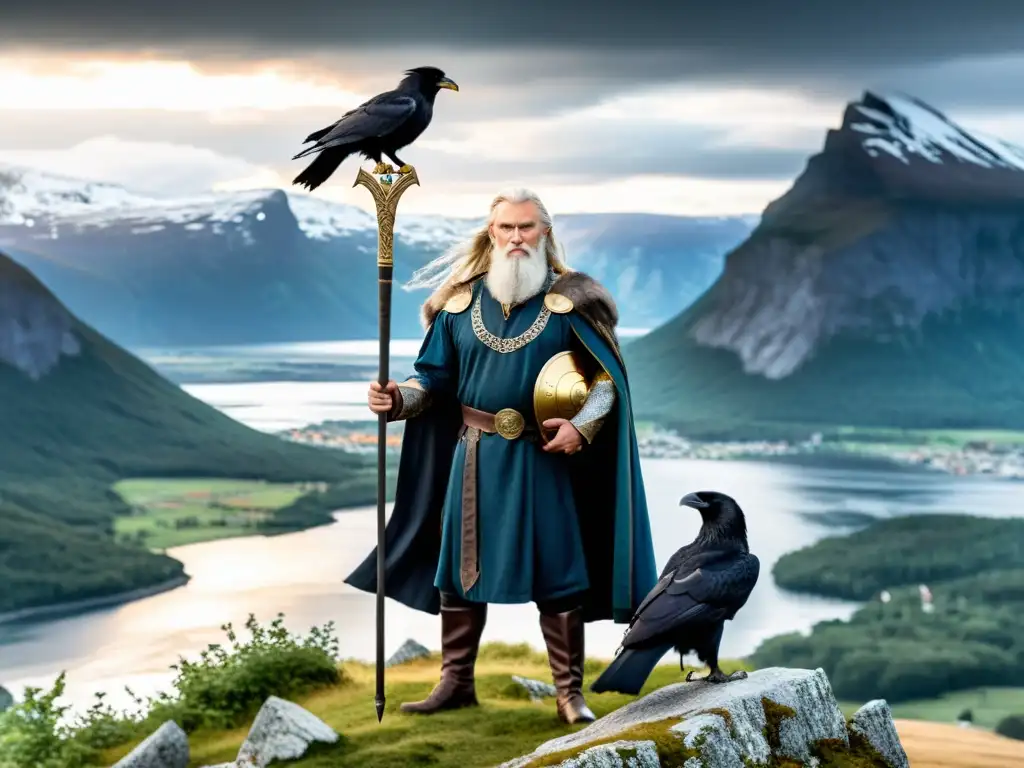 Odin, con su lanza y dos cuervos, en paisaje nórdico