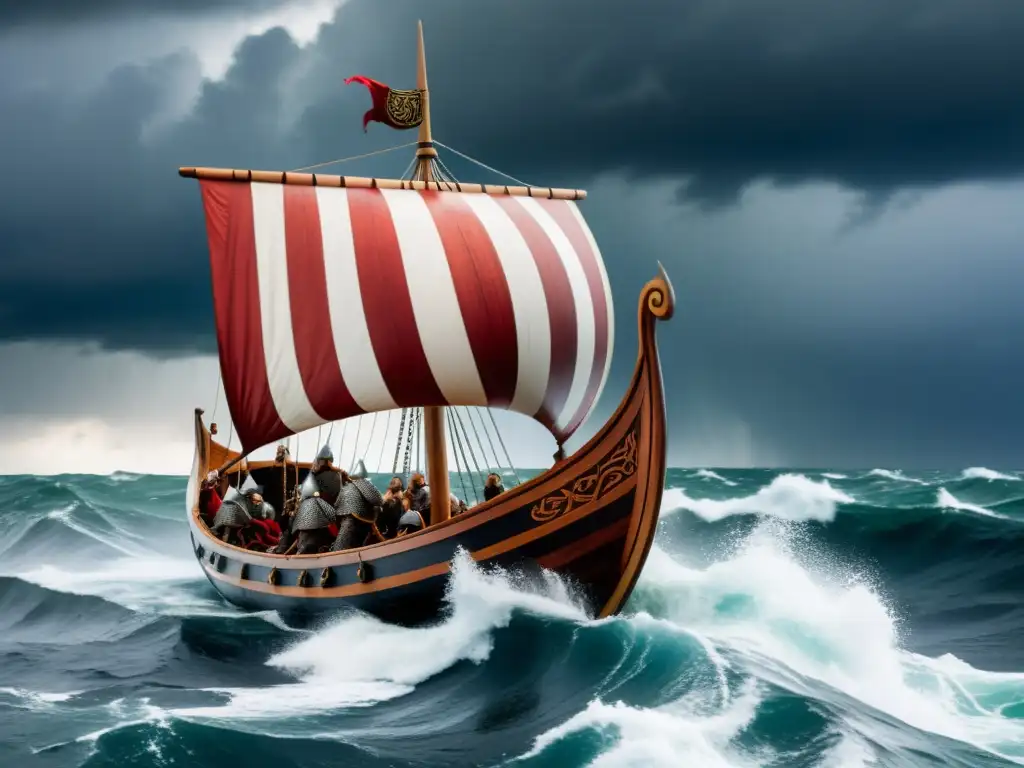 Un largo barco vikingo navegando en mares turbulentos, tripulado por guerreros fieros con cascos de cuernos