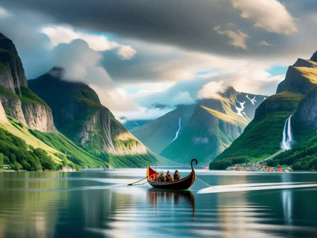 Un largo barco vikingo moderno navega por un fiordo sereno, con montañas escarpadas y un cielo dramático