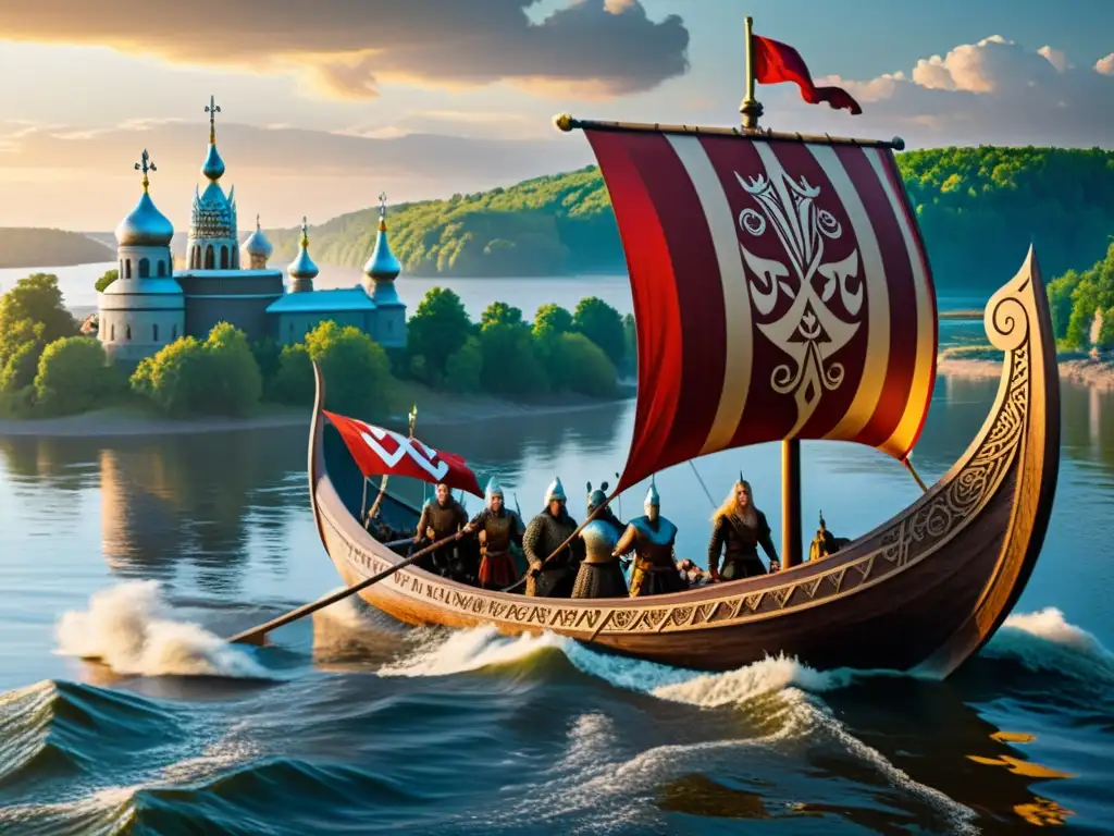 Un largo barco vikingo navegando por el río Dniéper hacia Kiev, con guerreros y paisaje ruso