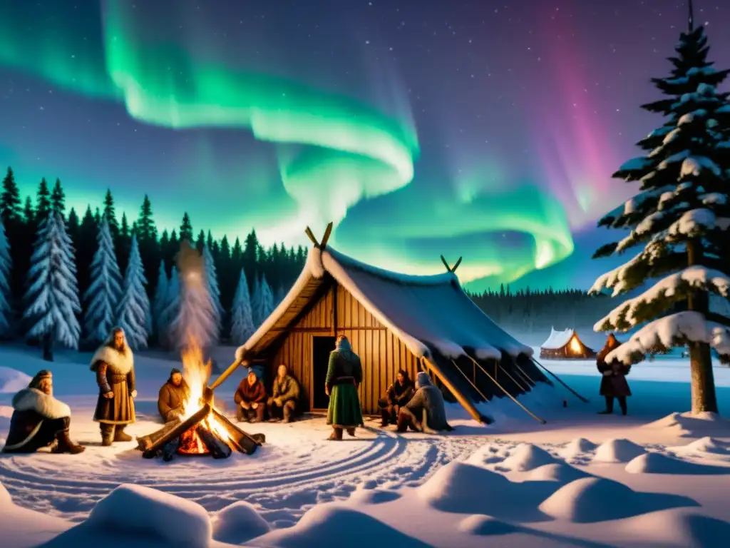 Un largo y detallado ilustración de una gran casa vikinga en un paisaje nórdico nevado, rodeada de altos pinos cubiertos de nieve