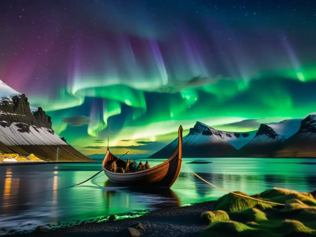 Un largo viaje vikingo hacia Islandia bajo las luces del norte, destacando la belleza áspera de la tierra