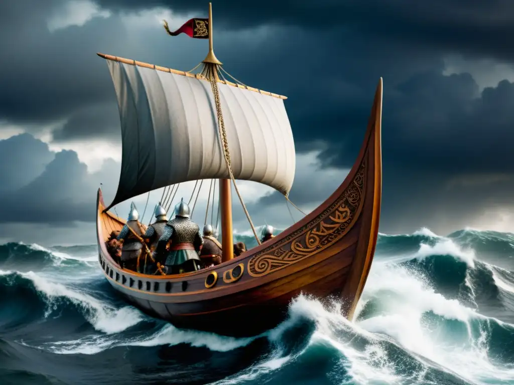 Legado tecnológico de los vikingos: un drakkar vikingo navegando en mares turbulentos bajo un cielo tormentoso, tripulado por fieros guerreros