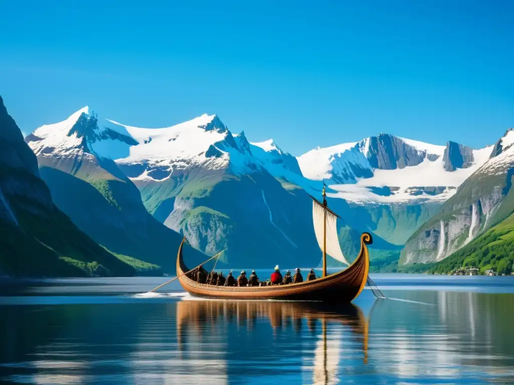 Legado vikingo en la actualidad: un drakkar navegando en un fiordo con montañas nevadas y cielo azul de fondo