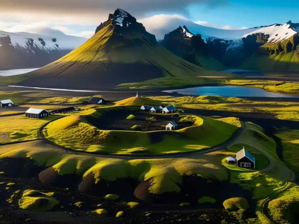 Legado vikingo en Islandia: Vista aérea de paisaje islandés con campos de lava cubiertos de musgo y montañas nevadas, destacando una aldea vikinga