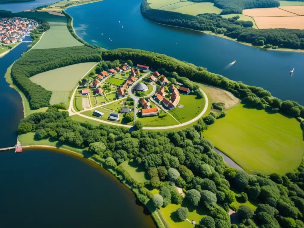 Legado vikingo en arquitectura europea: Vista aérea de Hedeby, con sus casas, calles y puerto bien conservados, entre la naturaleza y el fiordo