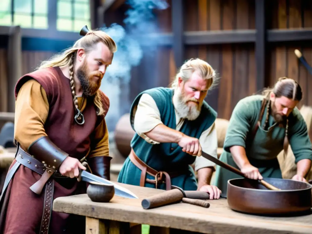 Recreación del legado vikingo en York, Inglaterra: artesanos vikingos trabajando en auténticas técnicas de herrería en el Jorvik Viking Centre