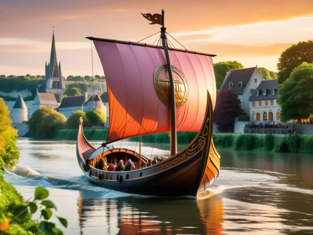 Legado vikingo en Normandía: un barco vikingo detallado navega por el río Sena al atardecer, rodeado de naturaleza y arquitectura medieval