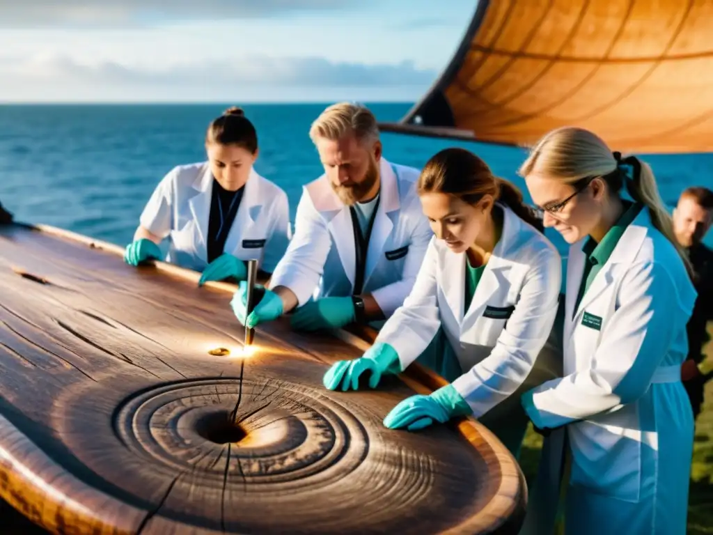 Examinación detallada de anillos de madera de un barco vikingo Dendrocronología para fechar legado vikingo: Científicos examinan con precisión los anillos de una antigua nave vikinga, iluminados por luz natural