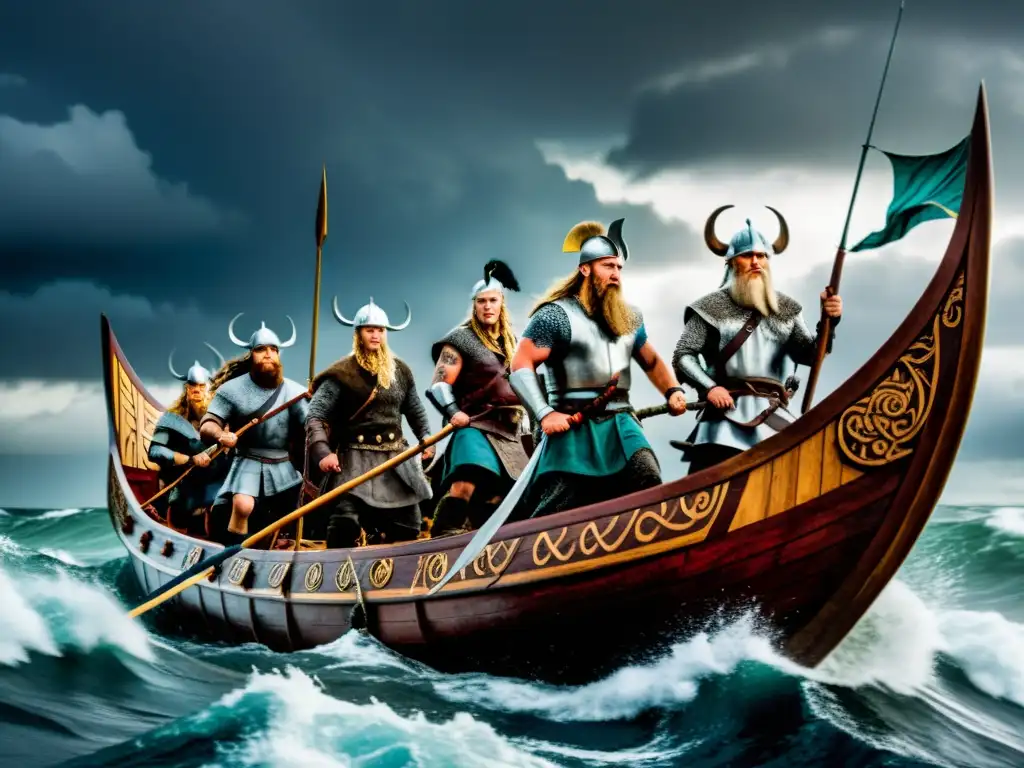 Legado vikingo en la cultura normanda: Vikingos navegando en barco bajo un cielo tormentoso