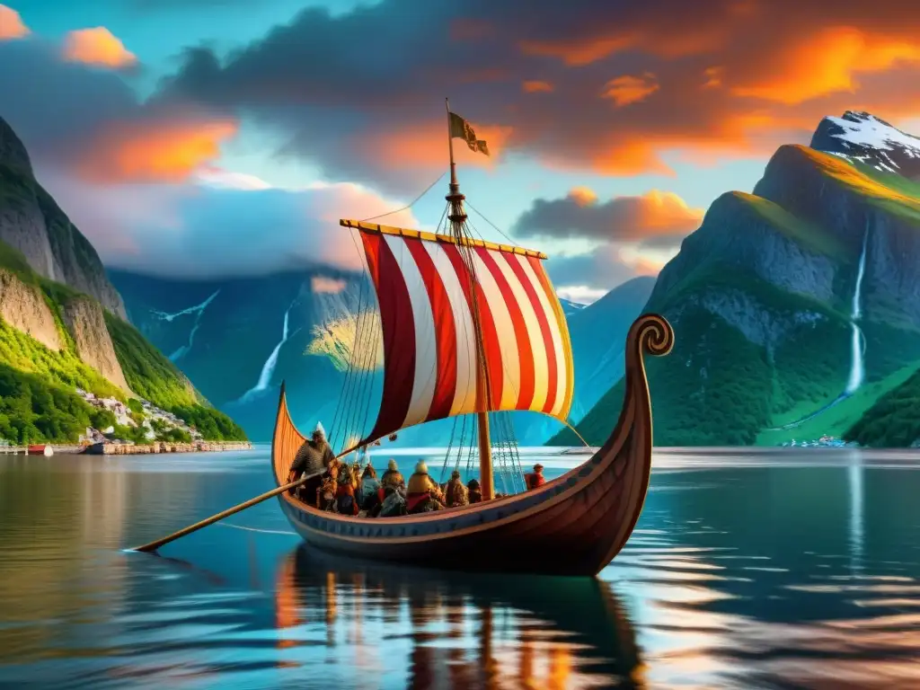 Legado vikingo en la cultura normanda: Vikingos navegando al atardecer en un fiordo con montañas y cielo dramático