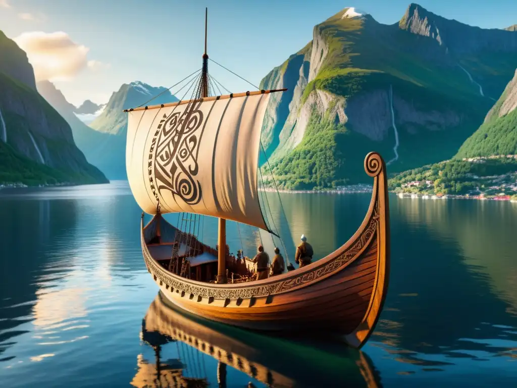 Legado vikingo en Escandinavia: detallada imagen de un barco vikingo con tallados de madera y runas, en los majestuosos fiordos noruegos