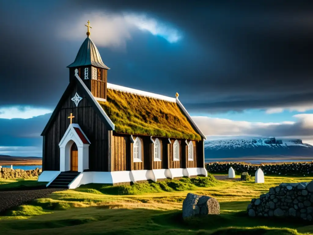 Legado vikingo en Islandia: Detalles tallados en la Iglesia de Þingvellir, con paisaje volcánico al fondo y cielo dramático