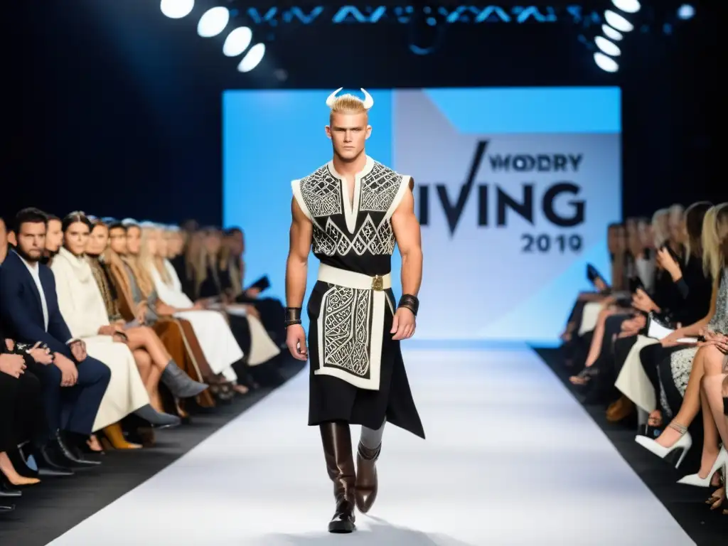 Legado vikingo en diseño gráfico: Pasarela de moda contemporánea con modelos luciendo prendas inspiradas en los vikingos