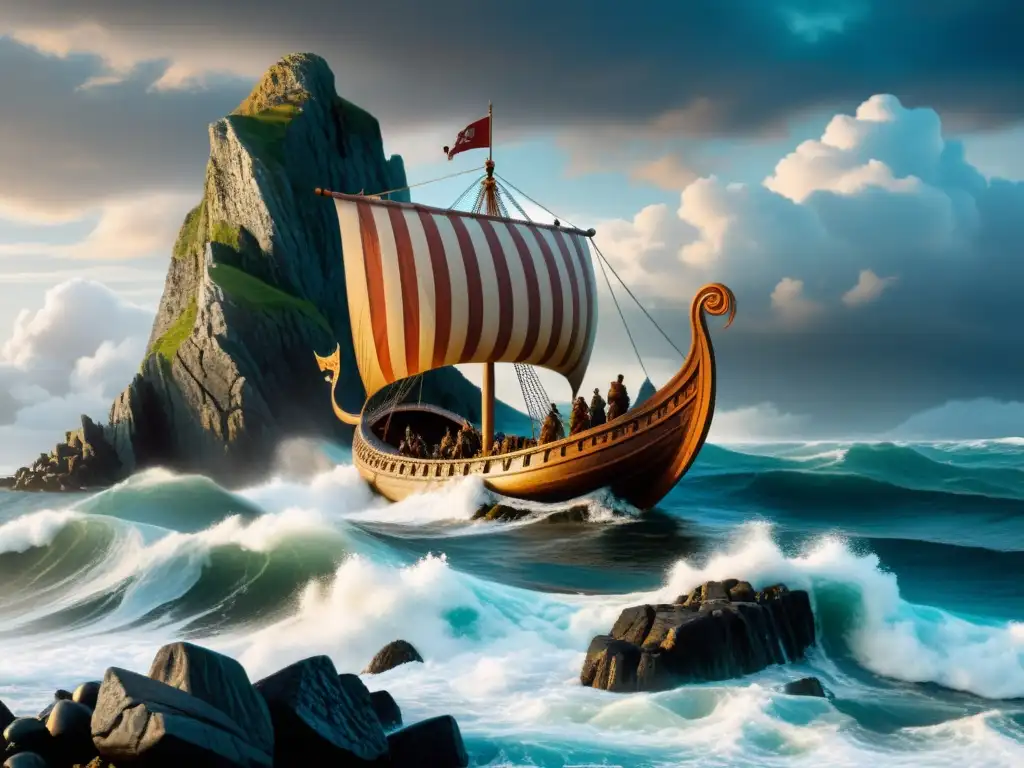 Legado vikingo en diseño gráfico: nave tallada en acantilado, con dragones y guerreros, mirando al mar bajo cielo dramático