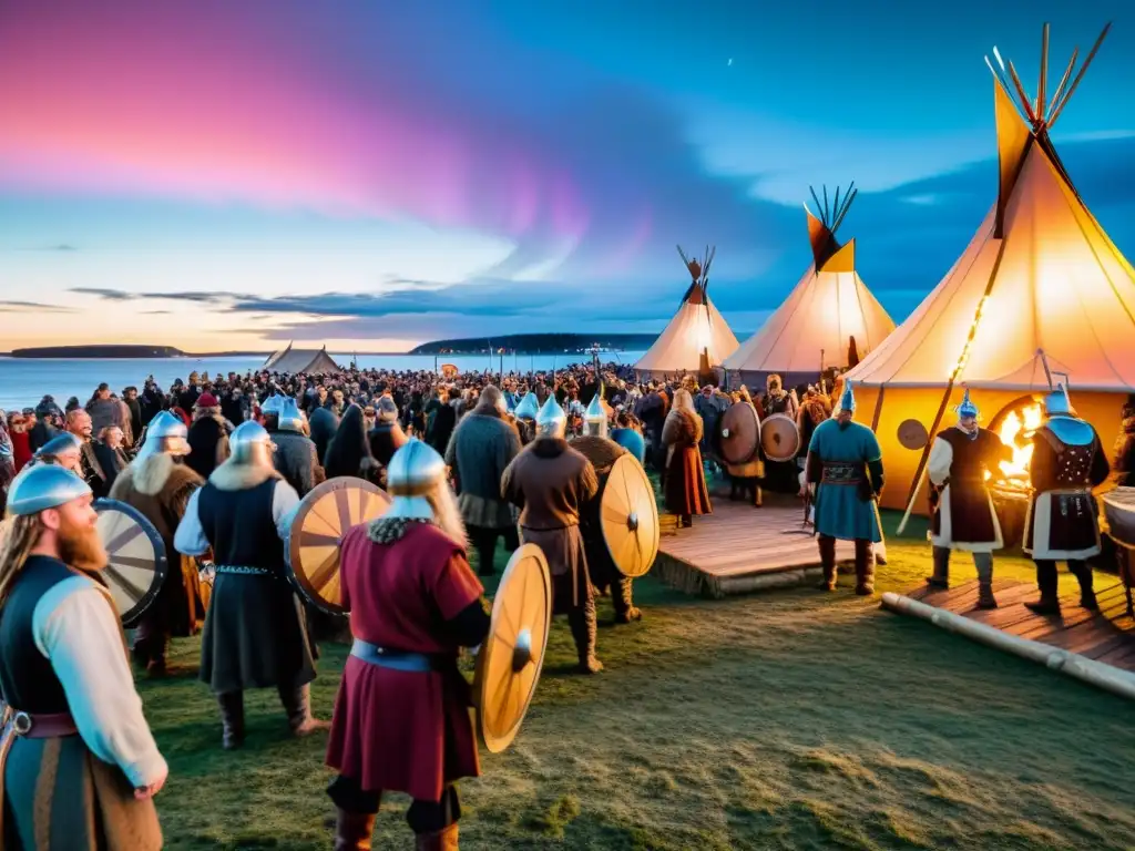 Celebración del legado vikingo en festivales contemporáneos con actividades tradicionales y ambiente épico bajo la aurora boreal