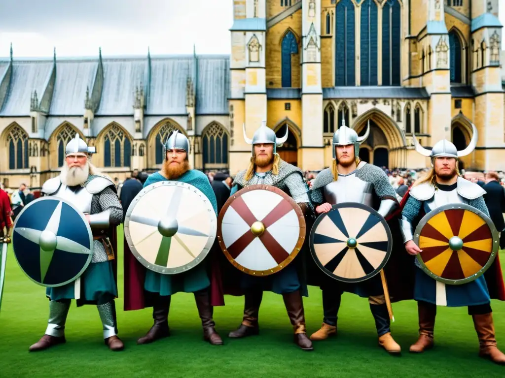 Recreación del legado vikingo en York, Inglaterra: grupo de guerreros vikingos frente a la catedral