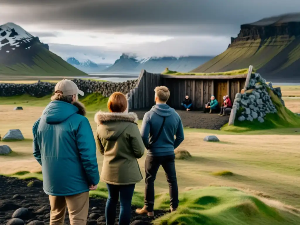 Descubre el legado vikingo en Islandia mientras un guía explica las runas antiguas a un grupo de turistas