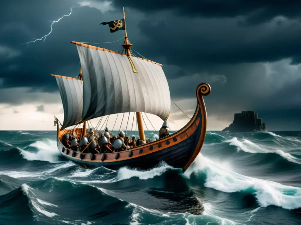 Legado vikingo en las Islas Británicas: Vikingos navegando en un mar tormentoso con cielos oscuros y guerreros a bordo