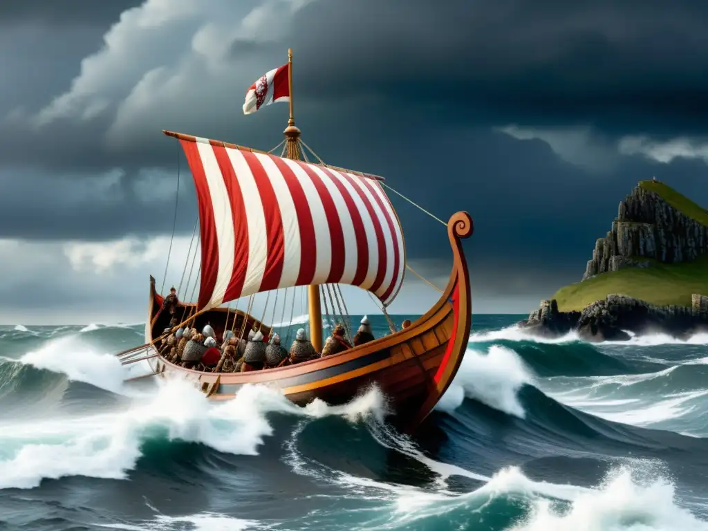 Legado vikingo en las Islas Británicas: Un barco vikingo detallado navega hacia la costa entre nubes tormentosas y guerreros fieros