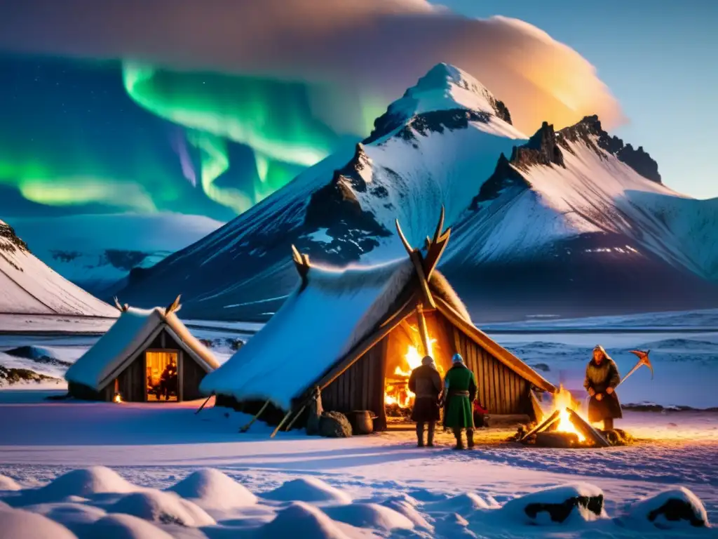 Legado vikingo en Islandia: Casa vikinga entre montañas nevadas bajo la aurora boreal, con actividades tradicionales y gente vestida de vikingo