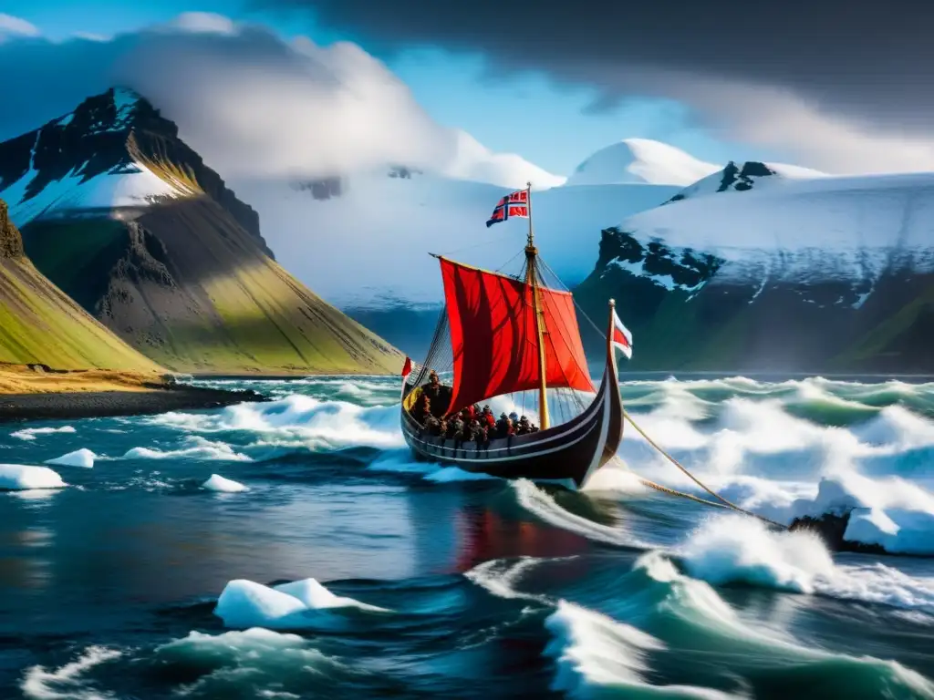 Legado vikingo en Islandia: Vikingos navegando en un paisaje islandés dramático con montañas nevadas