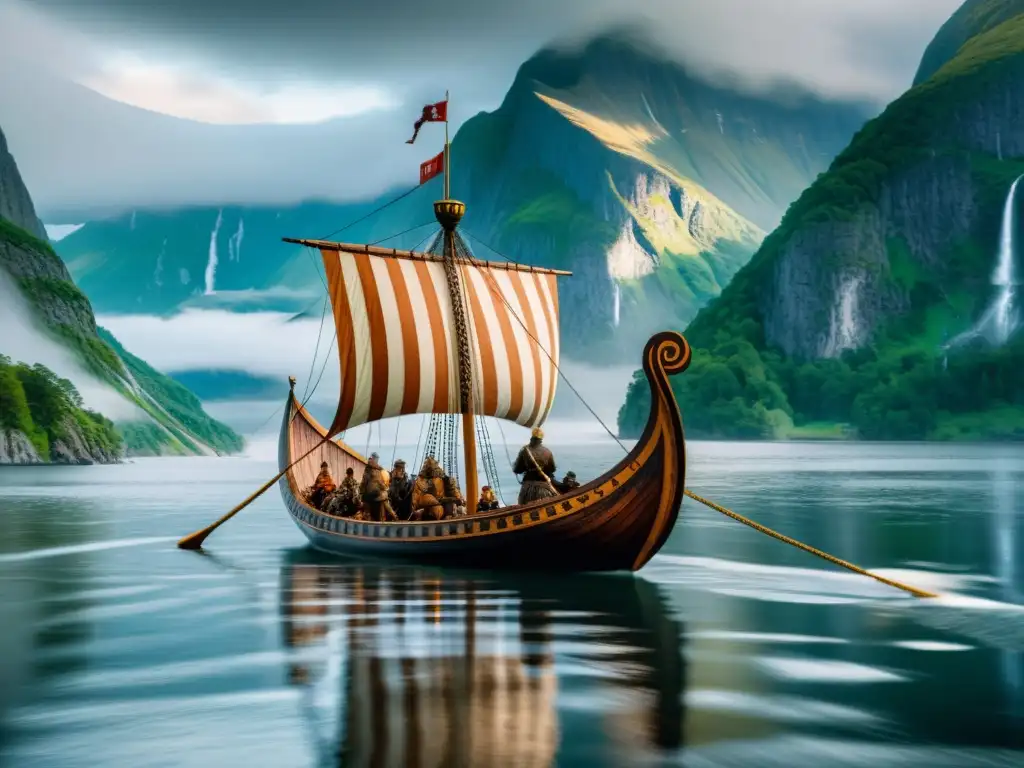 Una legendaria nave vikinga surcando un fiordo neblinoso, con montañas escarpadas y un cielo dramático, reflejando la influencia vikinga en Skyrim