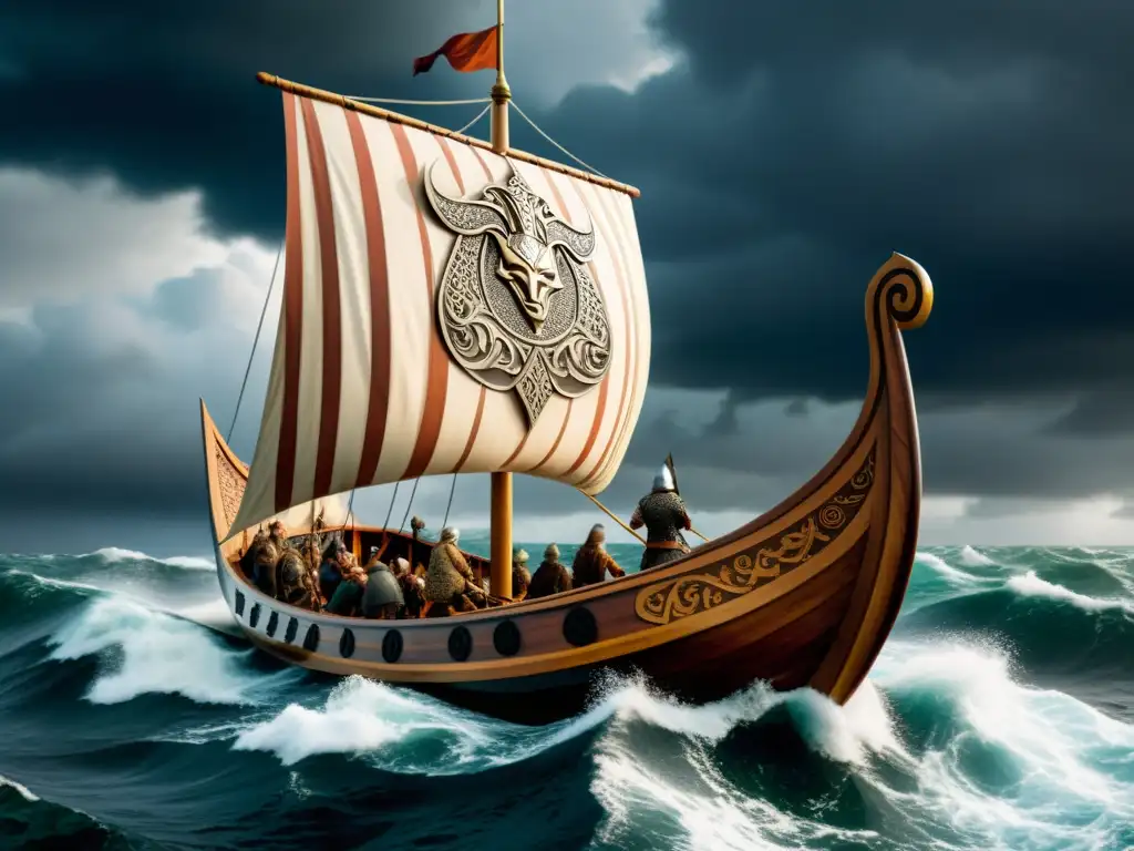 Una legendaria nave vikinga surcando mares tumultuosos bajo un cielo tormentoso, mostrando la influencia vikinga en heráldica