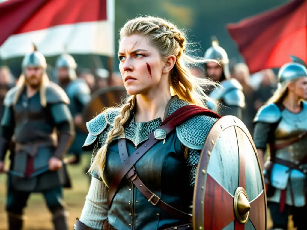 Lagertha, la legendaria skjaldmö de la serie 'Vikings', en un campo de batalla con su espada ensangrentada