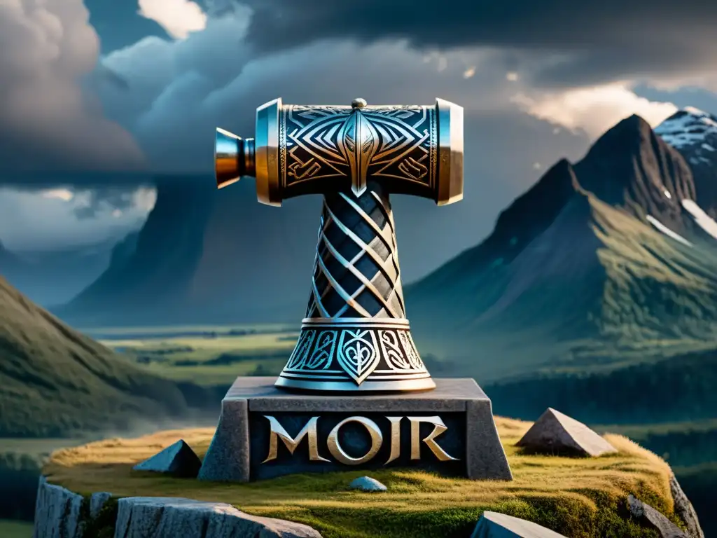 El legendario martillo de Thor, Mjölnir, reposa sobre un pedestal de piedra rodeado de runas místicas y nubes tormentosas