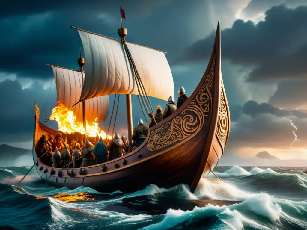 Libros sobre festividades vikingas antiguas: Una épica ceremonia vikinga en un barco bajo tormenta