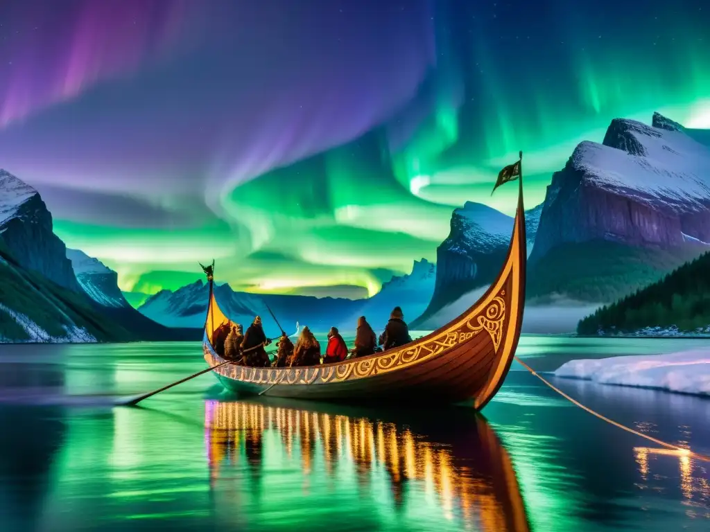 Libros sobre festividades vikingas antiguas: Vikingos navegando en un drakkar bajo la aurora boreal, guerreros y escudos coloridos