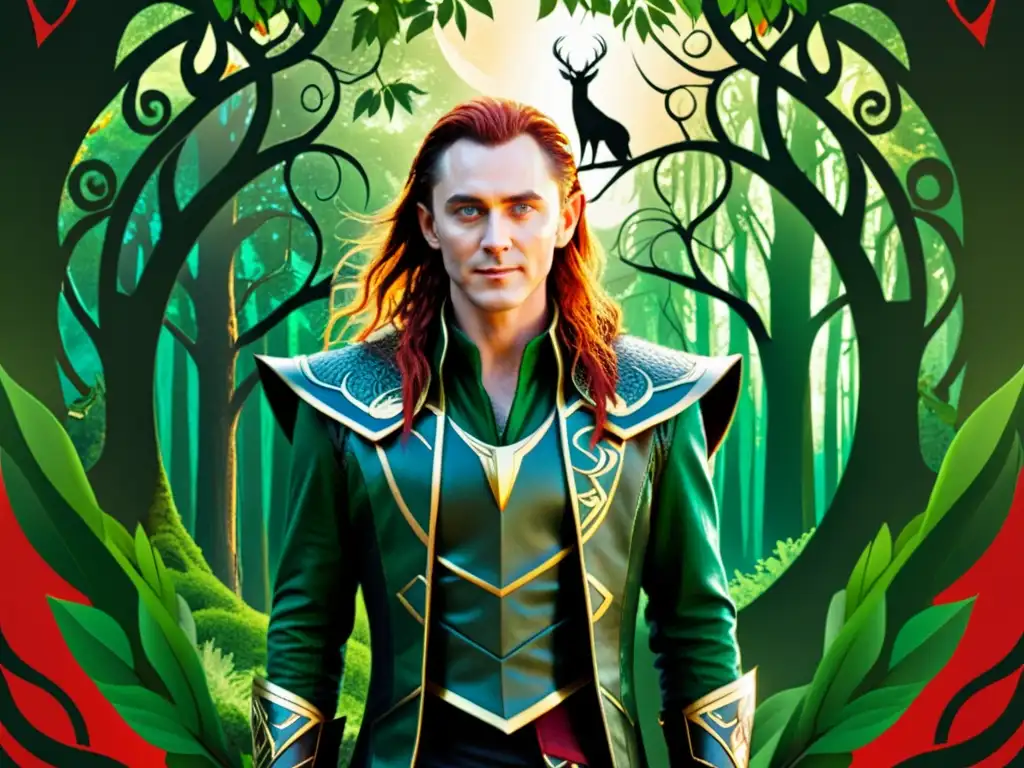 Libros de mitología nórdica: Loki en bosque mágico con criaturas y runas, reflejando su naturaleza traviesa