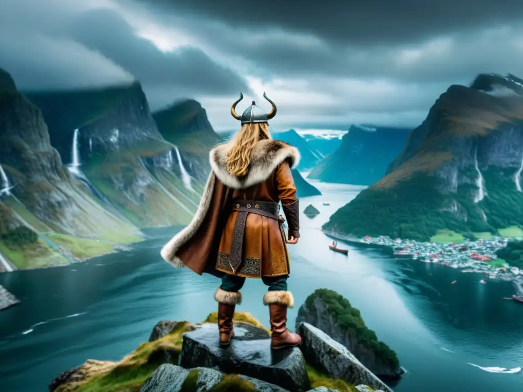 Un líder espiritual vikingo con poder religioso contempla un fiordo neblinoso desde un acantilado rocoso