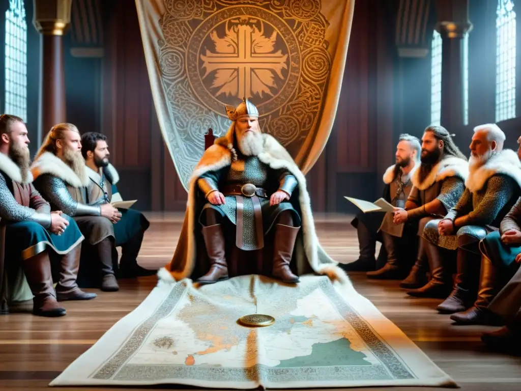 Consejo estratégico vikingo: chieftain toma decisión crucial Un líder vikingo en un gran salón, rodeado de consejeros y guerreros, contemplando un mapa antes de una crucial decisión