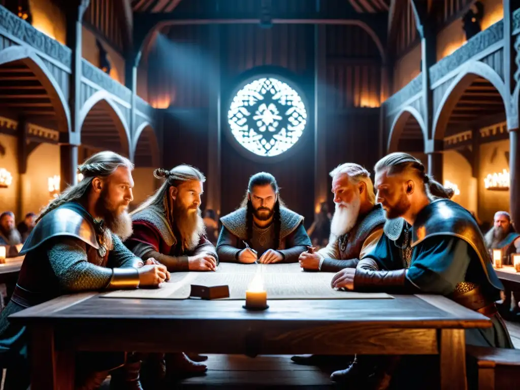 Dos líderes vikingos negocian estratégicamente en un gran salón iluminado tenue, rodeados de guerreros, mapas y pergaminos con inscripciones rúnicas