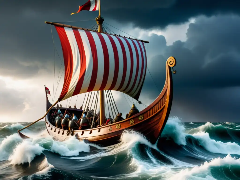 Literatura vikinga en la enseñanza: Vikingos en un barco surcando mares tormentosos bajo un cielo amenazante con relámpagos