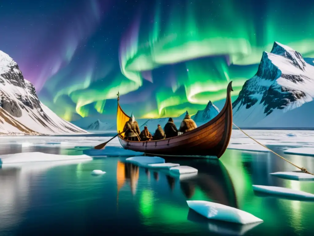 Llegada vikinga a América antes: Una nave vikinga surca aguas árticas bajo auroras boreales, con guerreros nórdicos y montañas nevadas al fondo