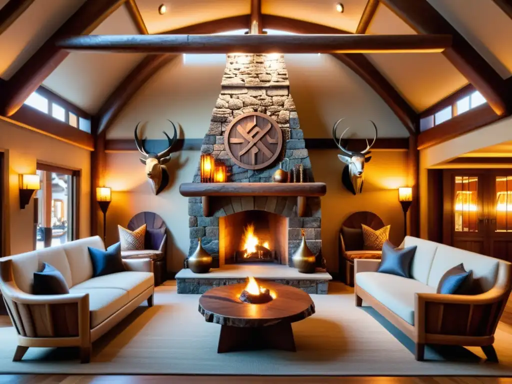 Un lobby de hotel inspirado en la era vikinga con muebles tallados, runas vikingas, escudos y una réplica de drakkar