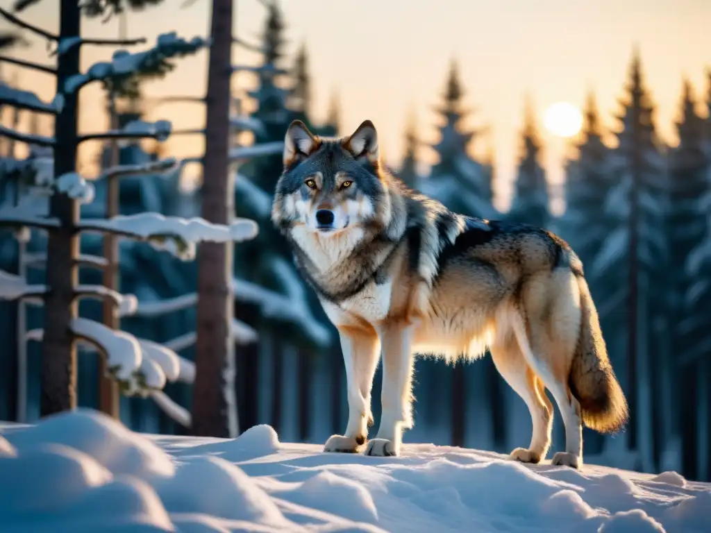 Un lobo majestuoso en un bosque nórdico nevado, con ojos sabios y misteriosos