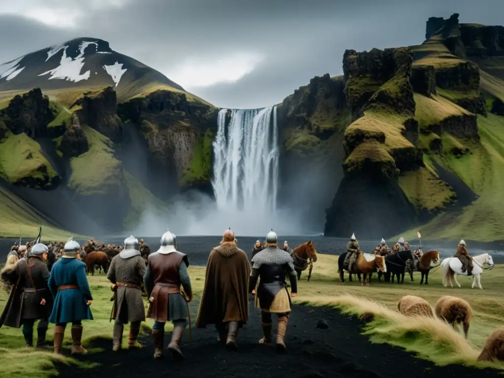 Locación famosa para series y películas vikingas: paisaje majestuoso de Islandia con actores grabando escena de batalla en terreno volcánico y glaciar