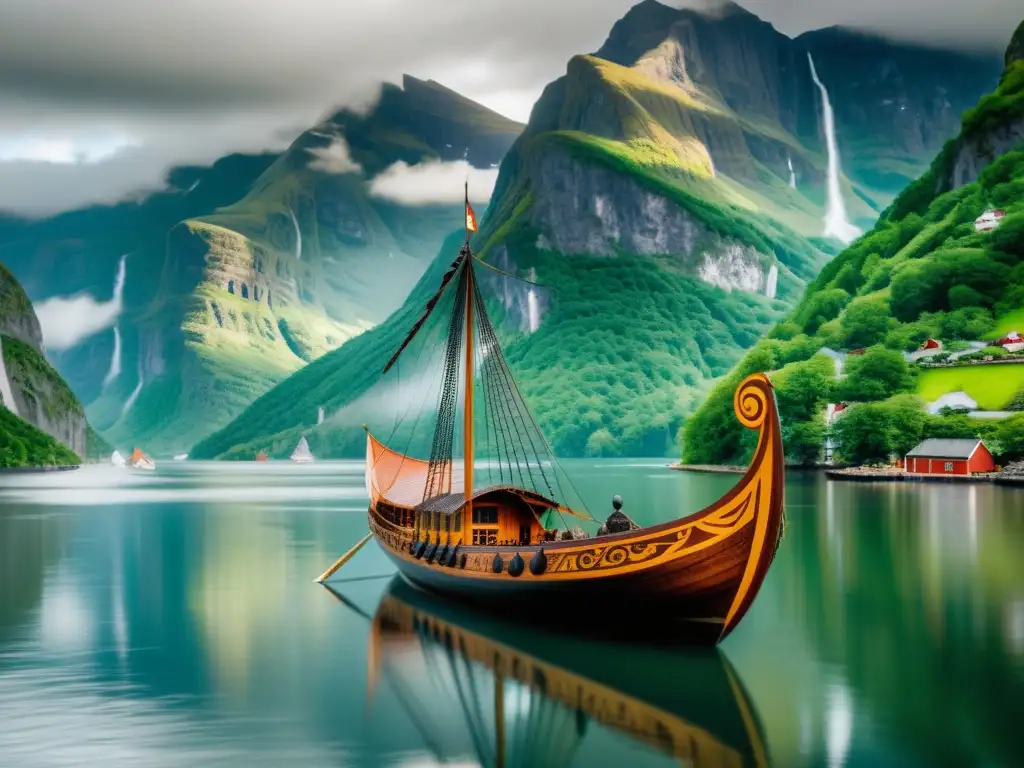 Un longship vikingo majestuoso en un fiordo rodeado de montañas y vegetación exuberante, con detalles de hierro y escudos vikingos