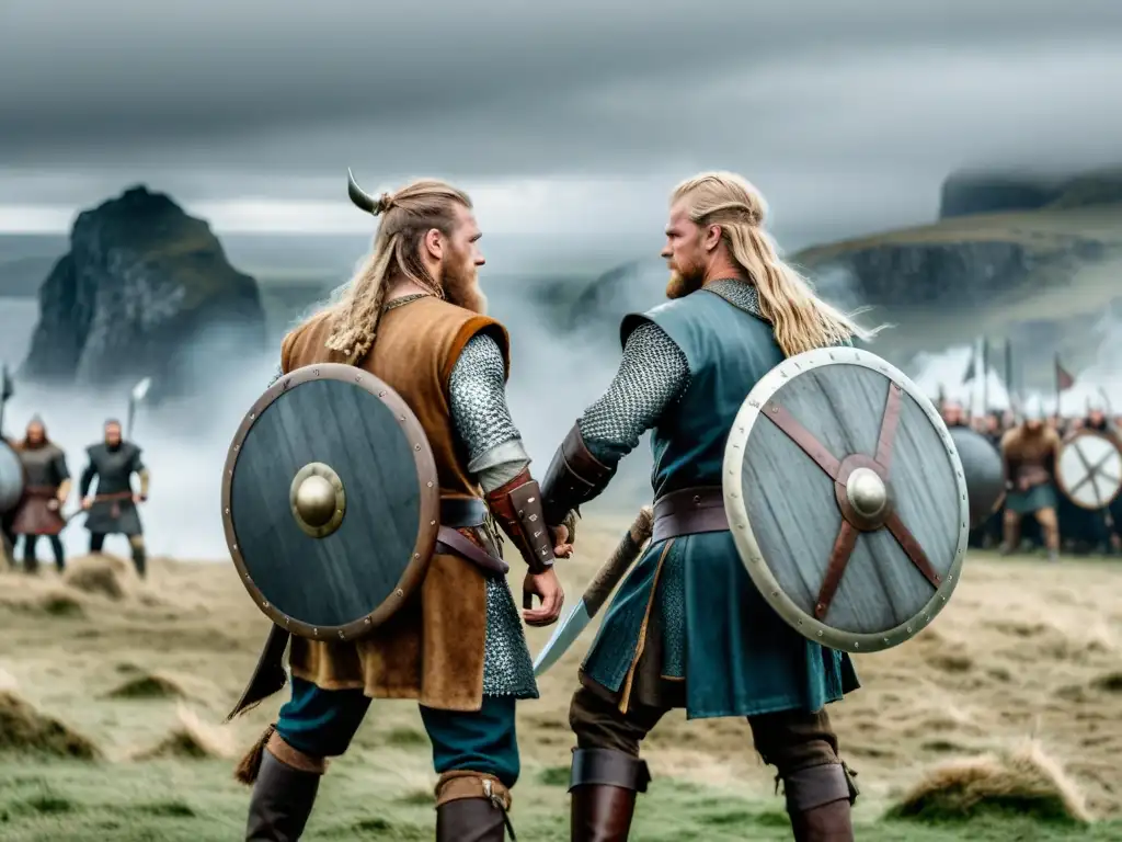 Luchas por el poder en la era vikinga: Duelo épico entre guerreros vikingos en paisaje nórdico brumoso y dramático