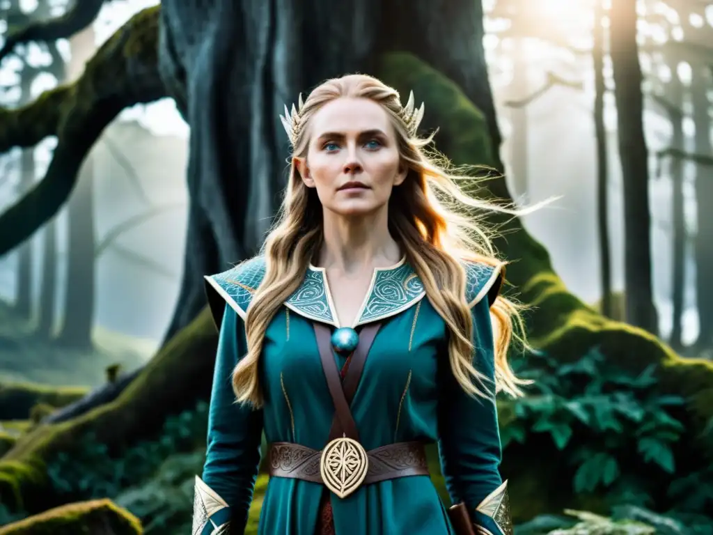 La Madre de Loki en la mitología vikinga, Laufey, en un bosque místico con símbolos nórdicos antiguos